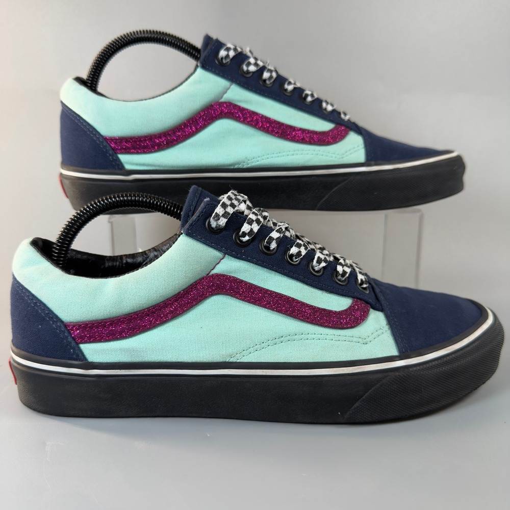 Vans Customs Old Skool 36 Womens 10.5 10 1/2 Skate Shoes Teal Blue Glitter Check